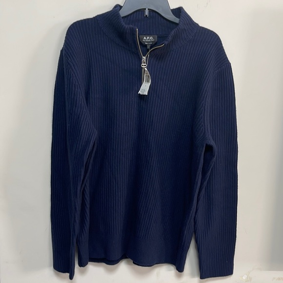 BNWT A.P.C. Rue Madame Paris Luxury 1/4 zipper pull-up Sweater navy blue Large - Picture 1 of 9